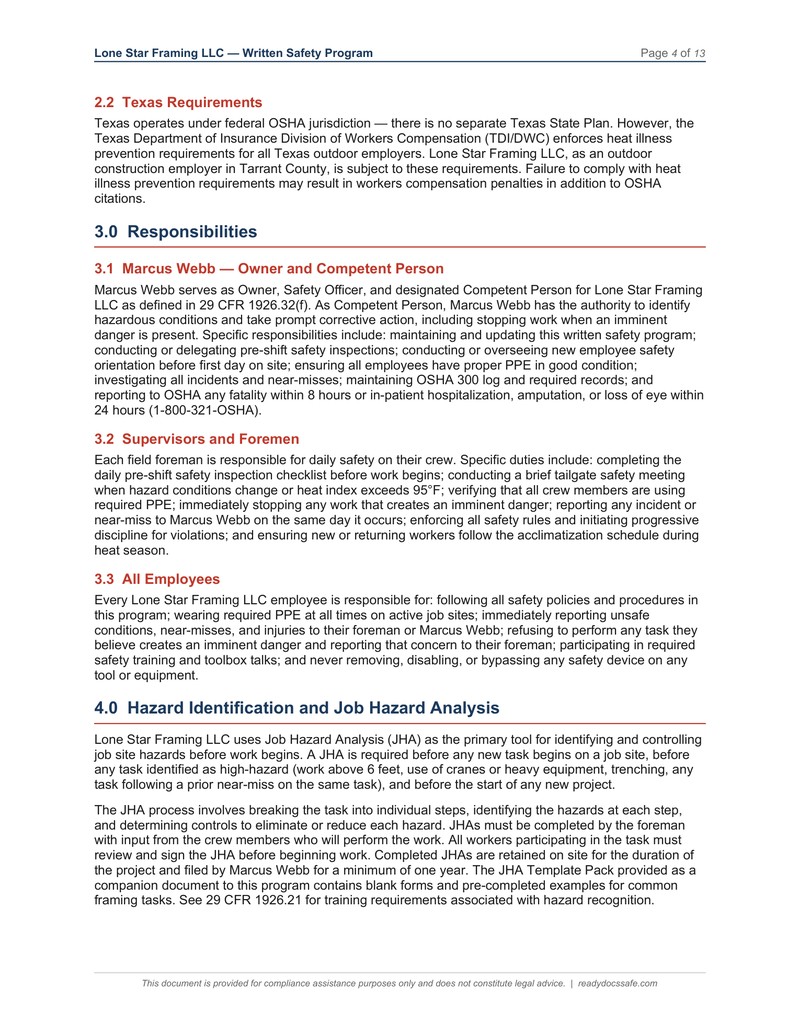Sample ReadyDocs Safe Written Safety Program — Lone Star Framing LLC